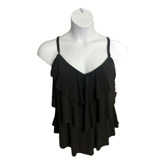 Aqua Green Black Tankini Top Plus Size 1X Adjustable Straps Swimwear Ruffle - Picture 2 of 12